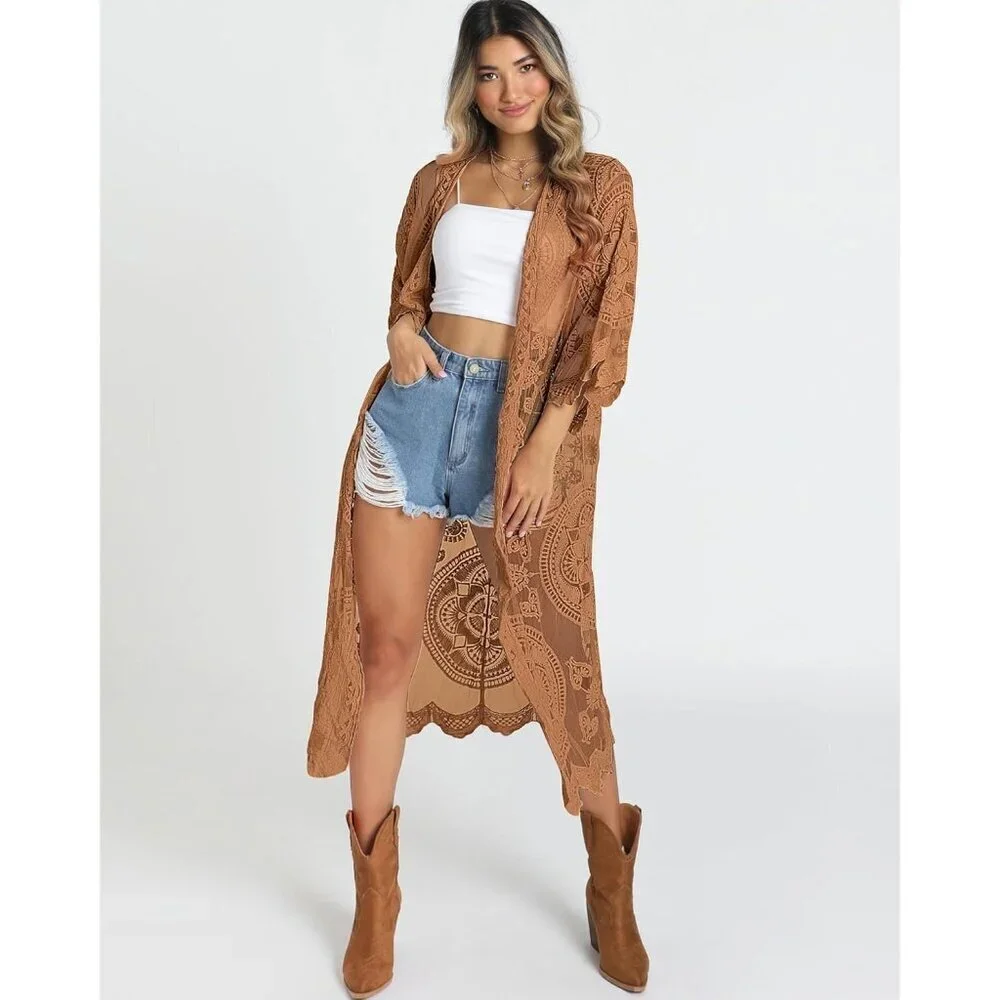 🆕Women Brown Mesh Open Front Cardigan Swimsuit Cover Up Beach Bathing Suit - Picture 2 of 6